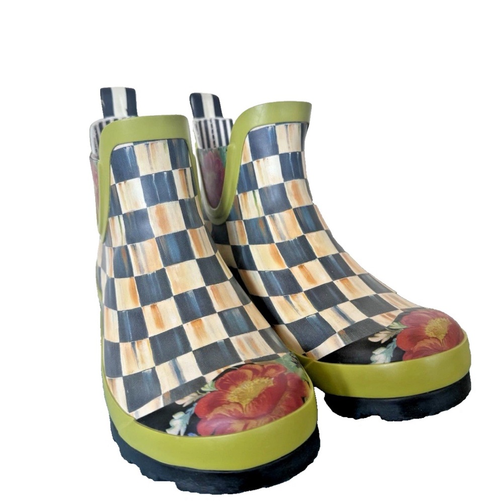 MacKENZIE CHILDS COURTLY CHECK PREMIUM RUBBER CHELSEA ANKLE RAIN BOOTS SZ 7 NWOB